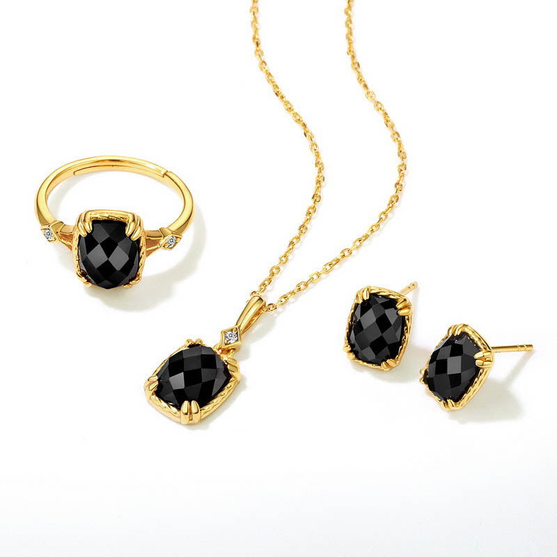 ANNJORI 14K Gold Vermeil Genuine Black Onyx Stone Statement Stud Earrings