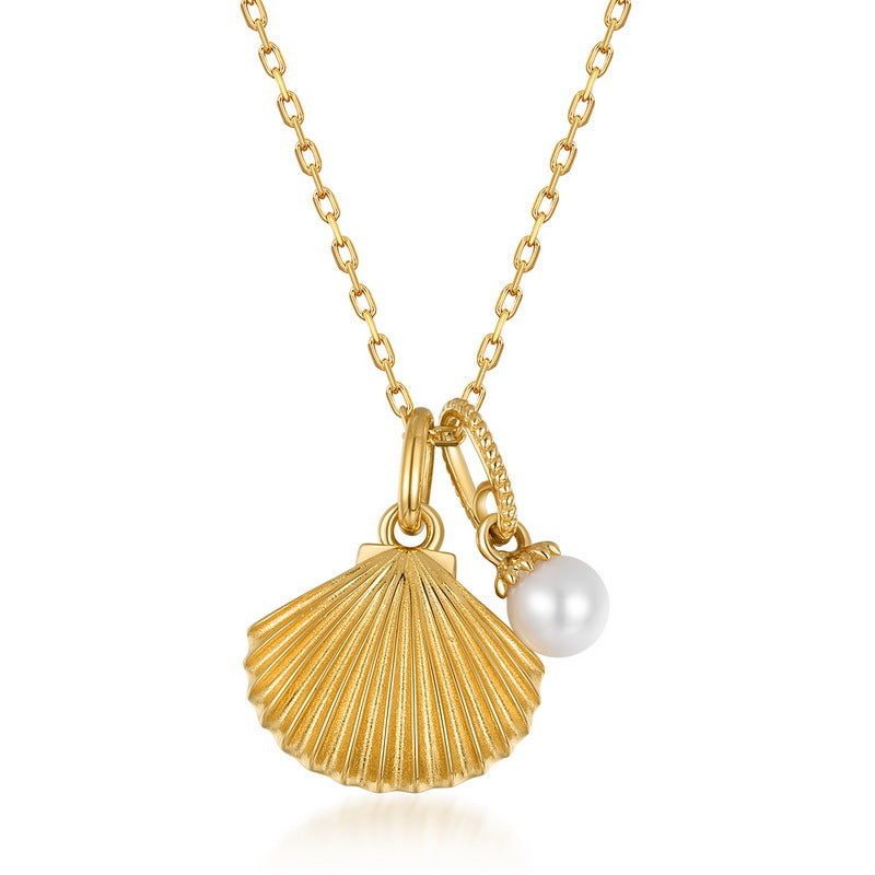 14K Gold Vermeil Seashell and Natural Pearl Drop Dainty Necklace