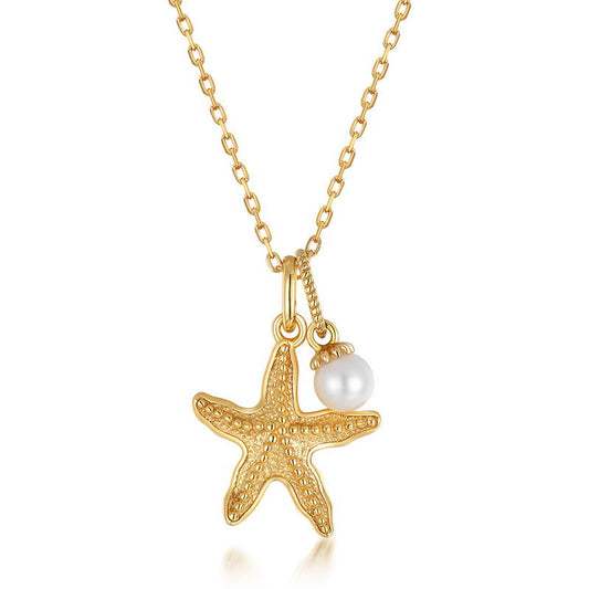 14K Gold Vermeil Sea Star and Natural Pearl Drop Dainty Necklace