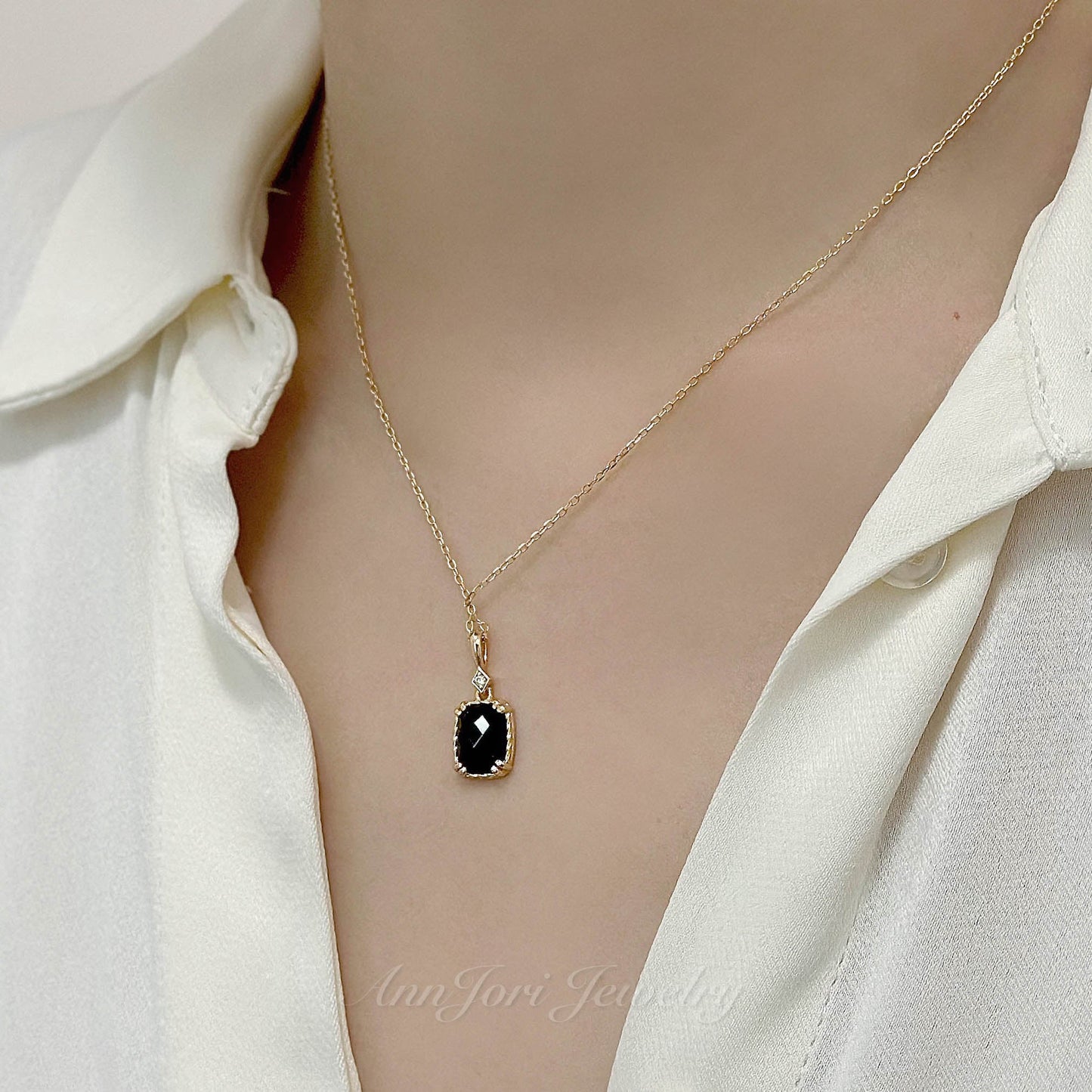 ANNJORI 14K Gold Vermeil Genuine Black Onyx Stone Statement Pendant Necklace