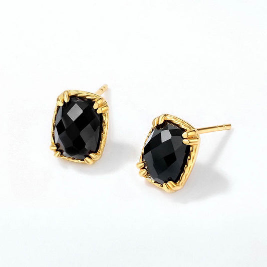 ANNJORI 14K Gold Vermeil Genuine Black Onyx Stone Statement Stud Earrings