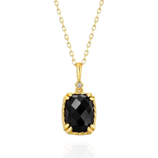 ANNJORI 14K Gold Vermeil Genuine Black Onyx Stone Statement Pendant Necklace