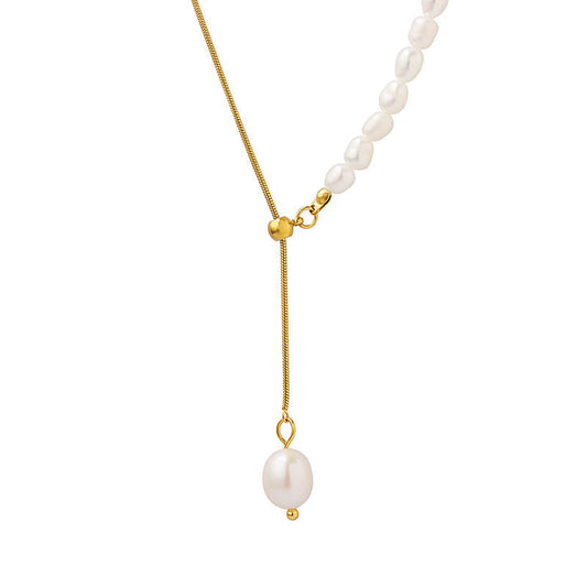 Evelyn Dainty Half Pearls & Snake Chain Necklace