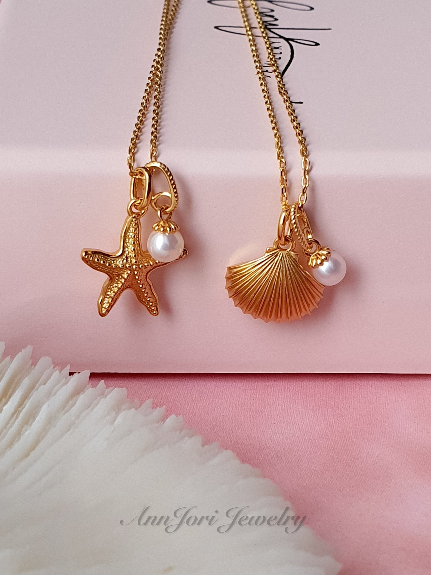 14K Gold Vermeil Seashell and Natural Pearl Drop Dainty Necklace