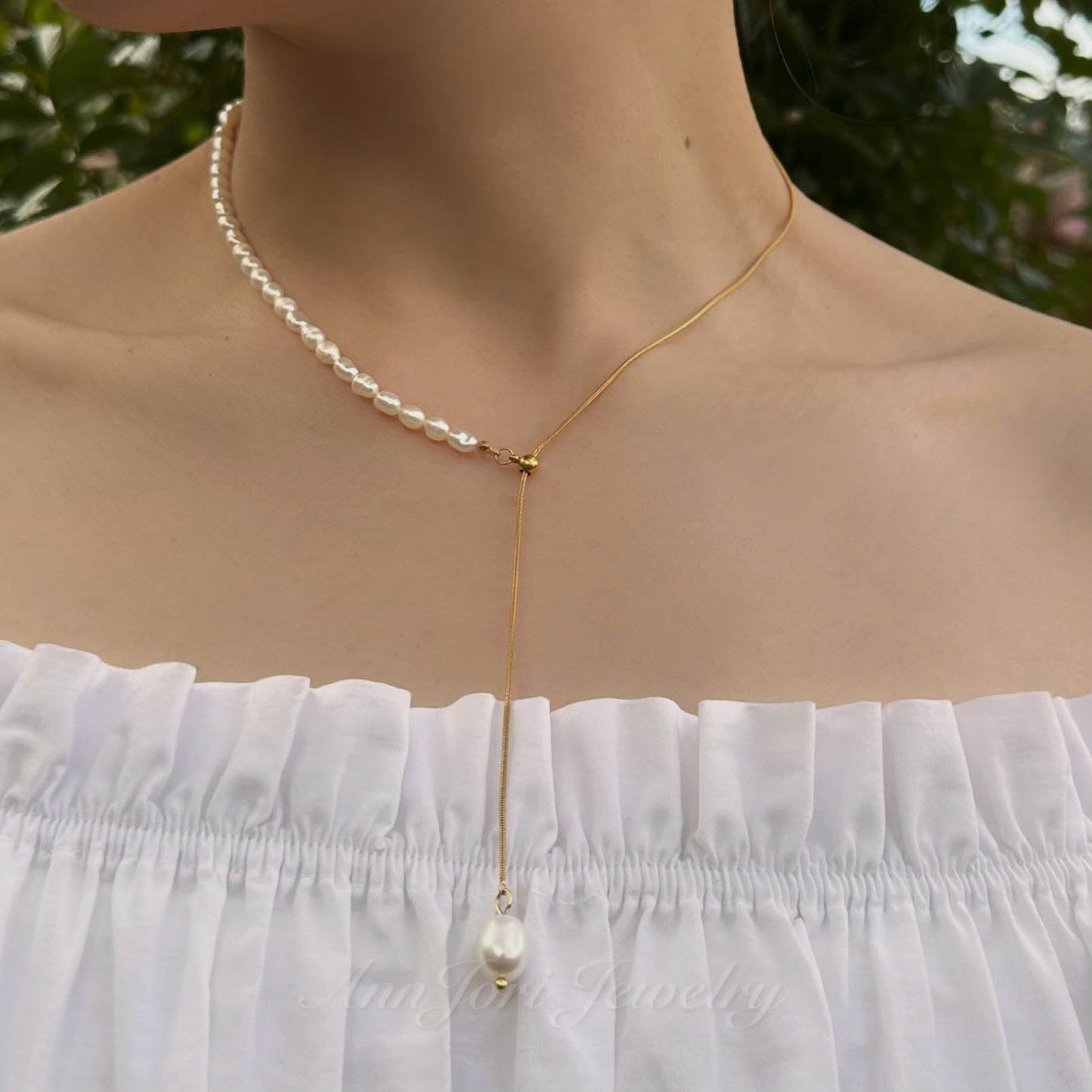 Evelyn Dainty Half Pearls & Snake Chain Necklace