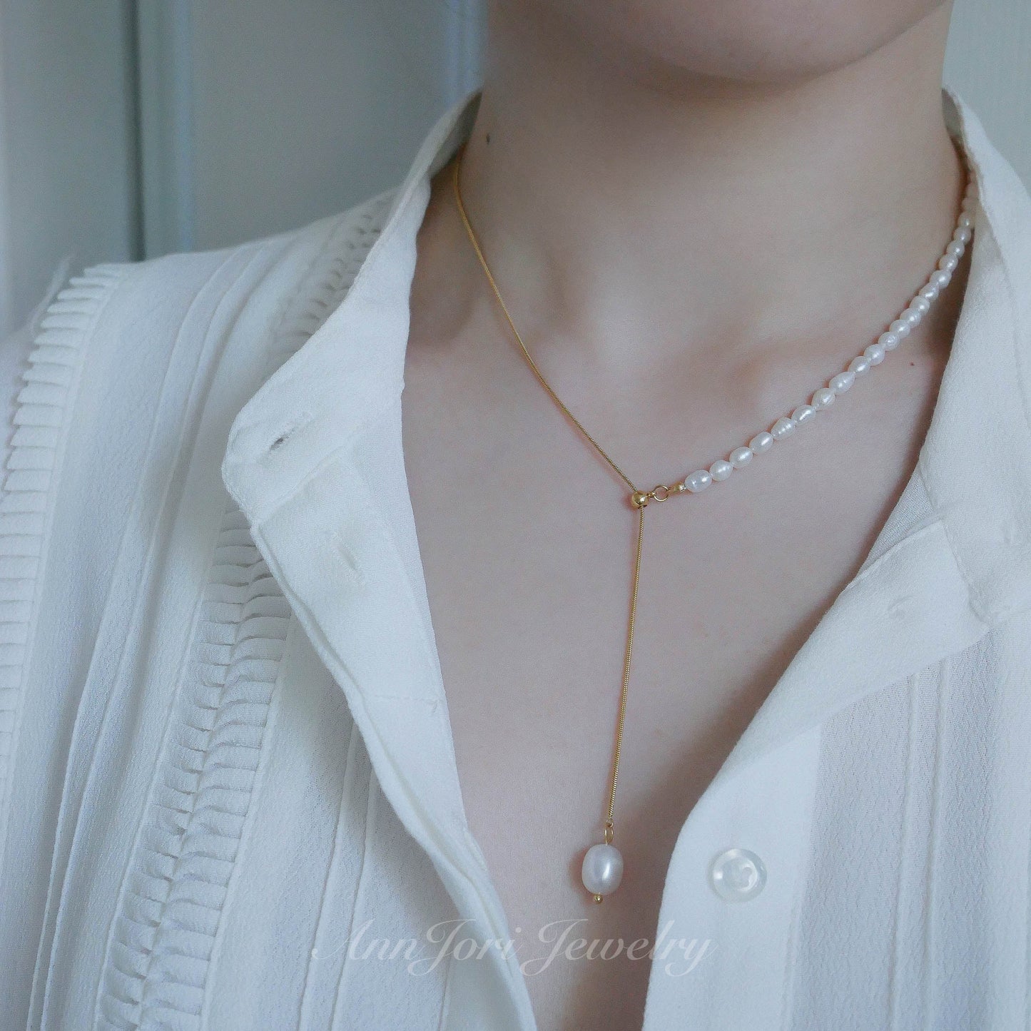 Evelyn Dainty Half Pearls & Snake Chain Necklace