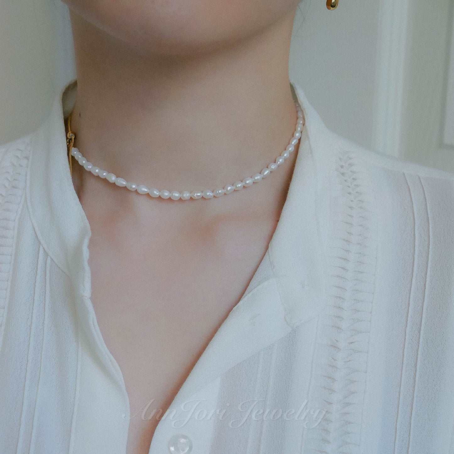 Evelyn Dainty Half Pearls & Snake Chain Necklace