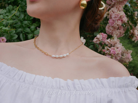 18K Gold Plated Natural Baroque Pearl Mixed Chain Paperclip Necklace